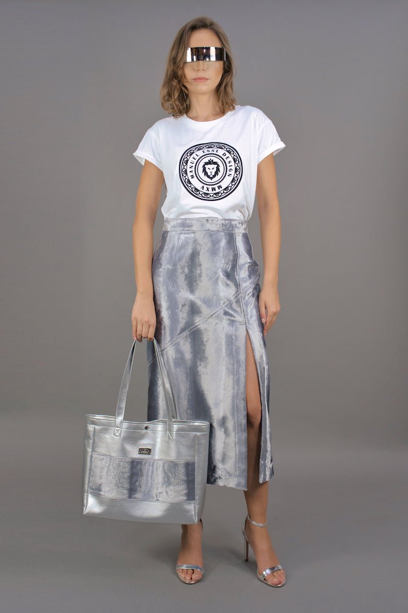 Bleistift - Rock aus Samt mit Schlitz "COSMIC BLOOM" - silber - Manuel Essl Design