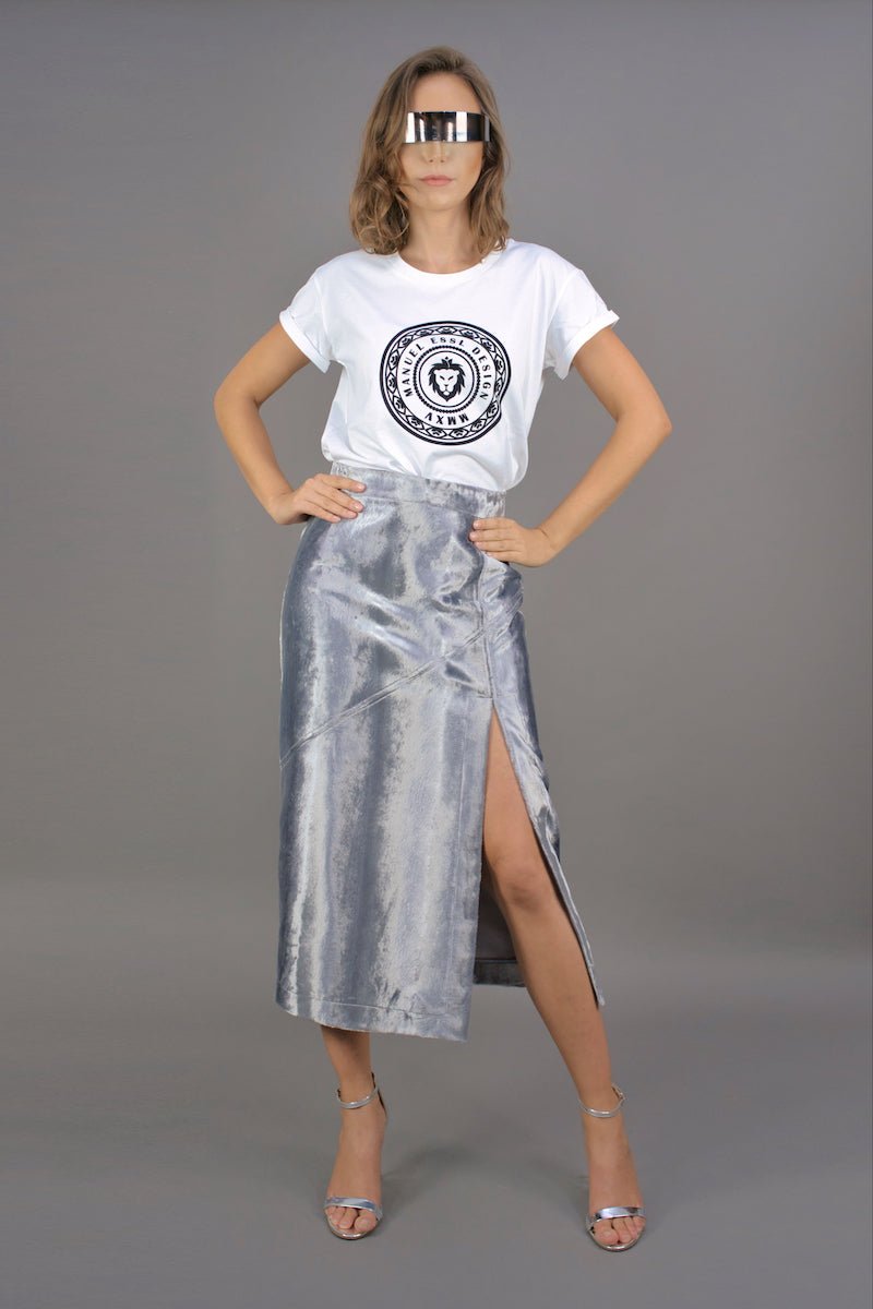 Bleistift - Rock aus Samt mit Schlitz "COSMIC BLOOM" - silber - Manuel Essl Design