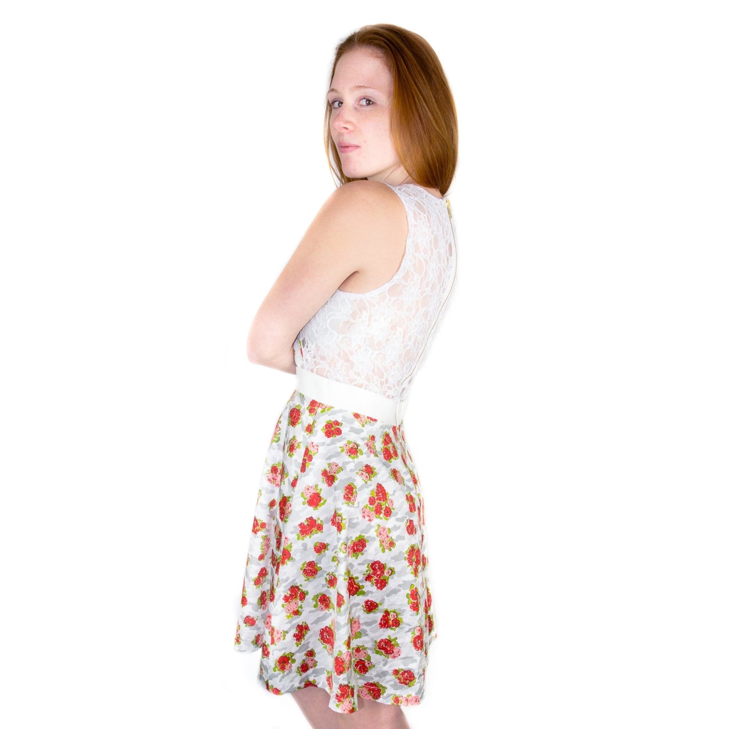 Mini Skater Kleid aus Satin mit Details aus Spitze "ROSES" - weiß - Manuel Essl Design