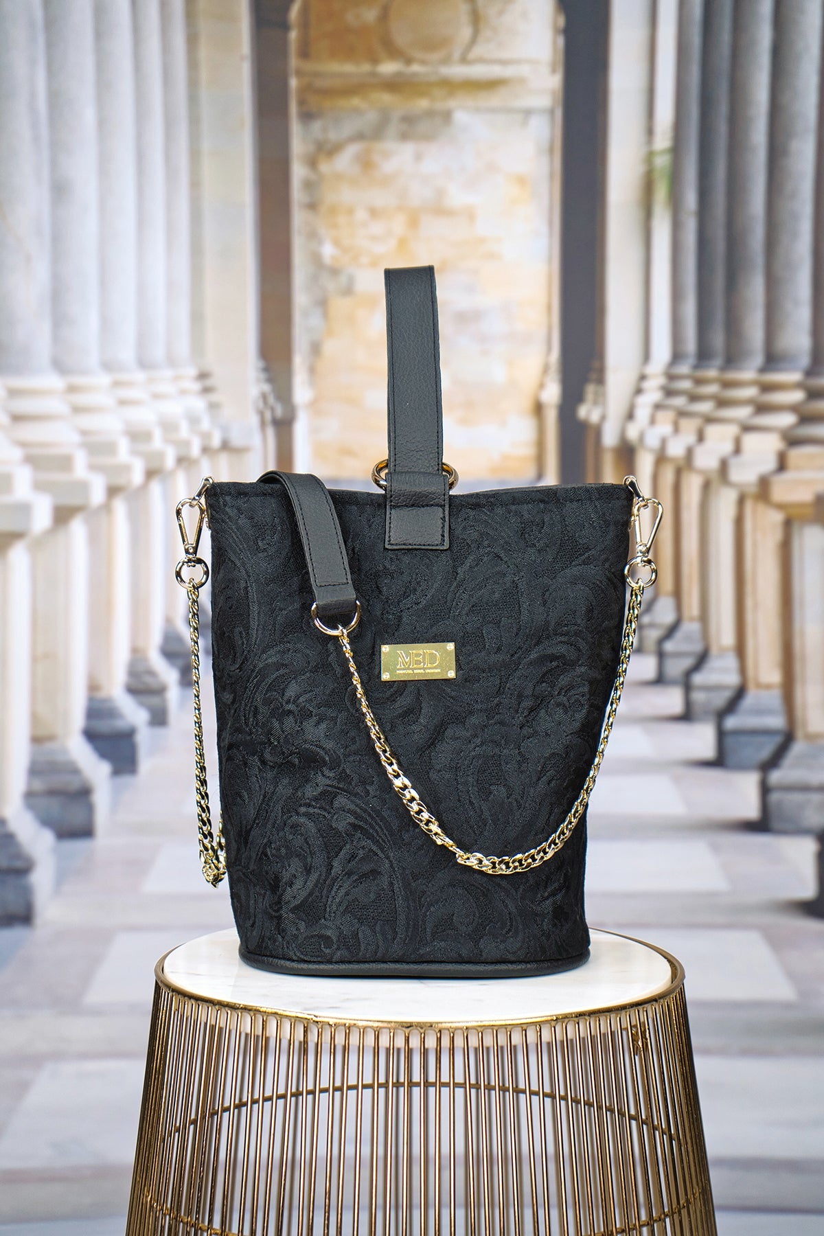 Zylinder Tasche aus Jacquard "FLORAL" - schwarz - Manuel Essl Design