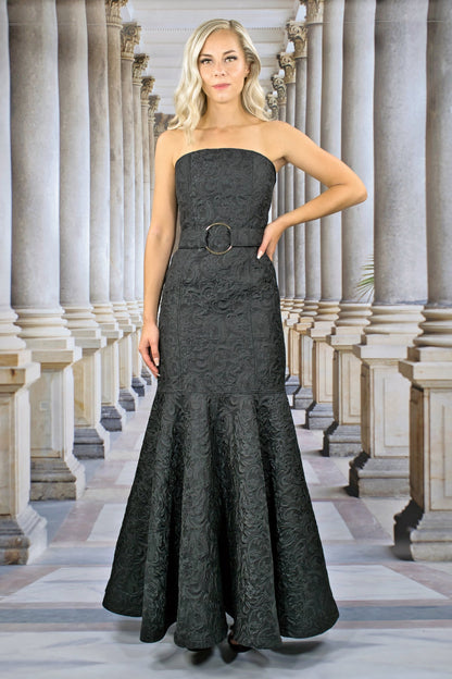 Abend - Kleid aus Jacquard mit Volants "FLORAL" - schwarz - Manuel Essl Design