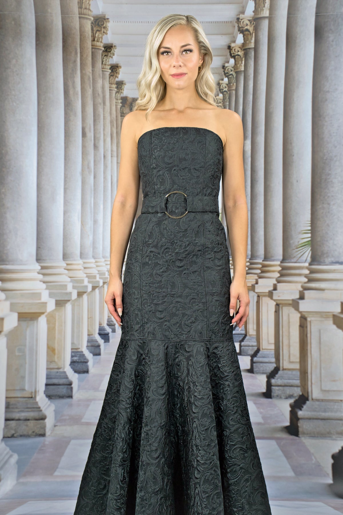 Abend - Kleid aus Jacquard mit Volants "FLORAL" - schwarz - Manuel Essl Design