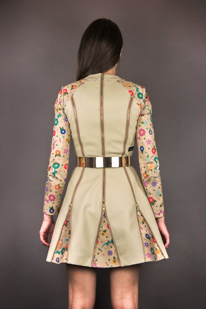 Biker Kleid mit Zipps und Godets "FLOWERS" - beige - Manuel Essl Design