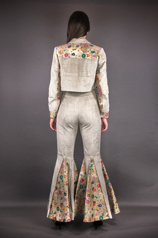 Hose aus Cord mit Zipps und Godets "FLOWERS" - beige - Manuel Essl Design