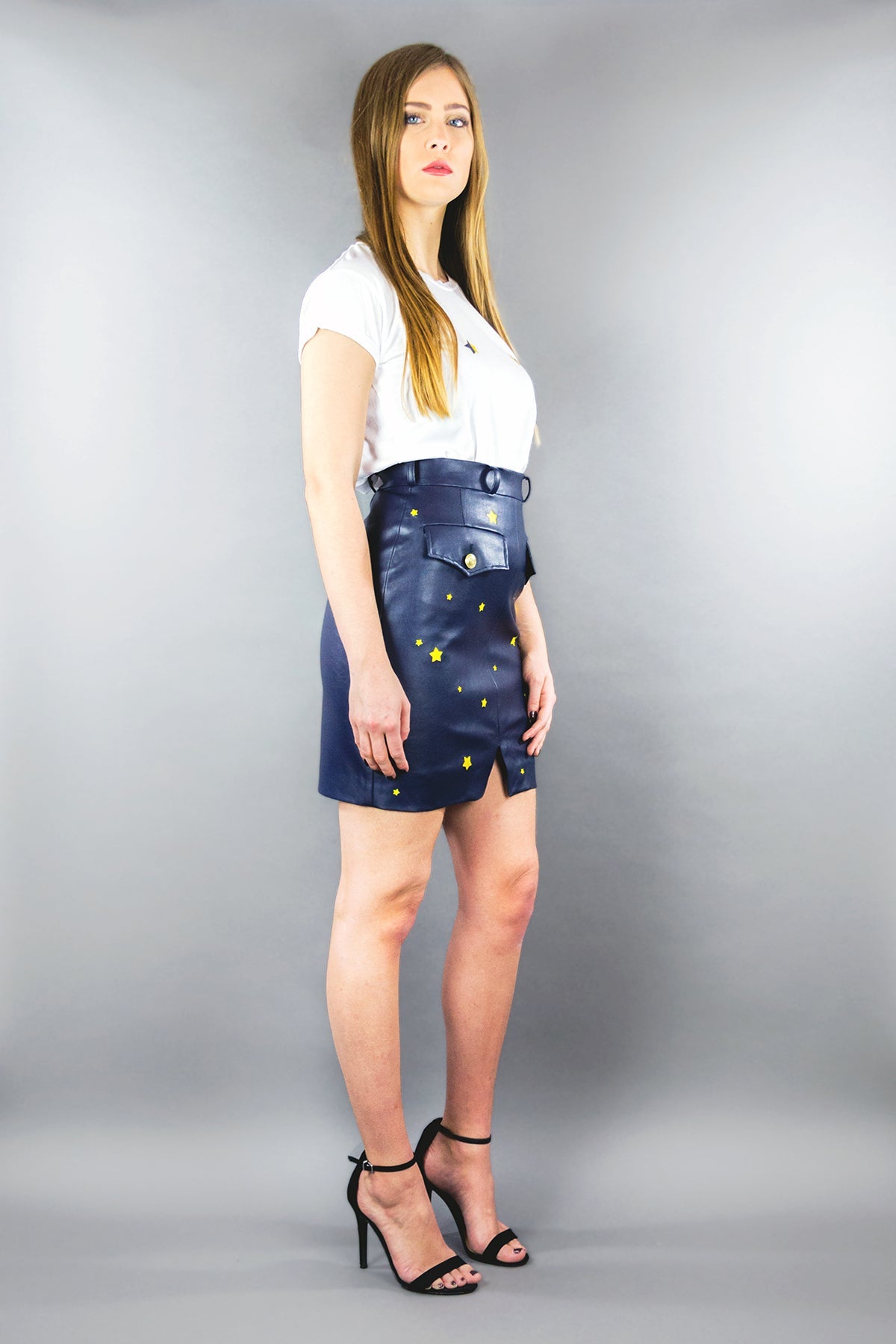 Mini - Rock aus veganem Lederimitat mit Schlitz "STARS" - nachtblau - Manuel Essl Design