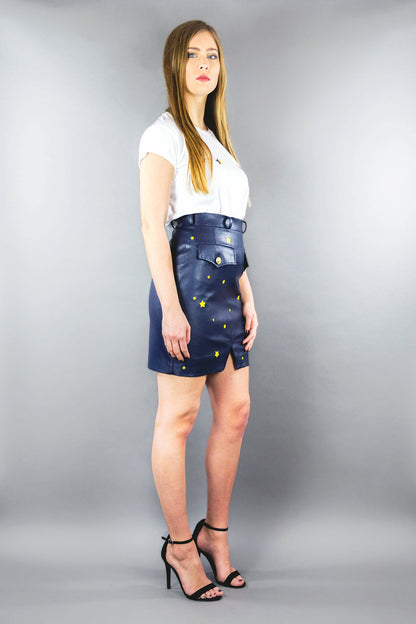 Mini - Rock aus veganem Lederimitat mit Schlitz "STARS" - nachtblau - Manuel Essl Design