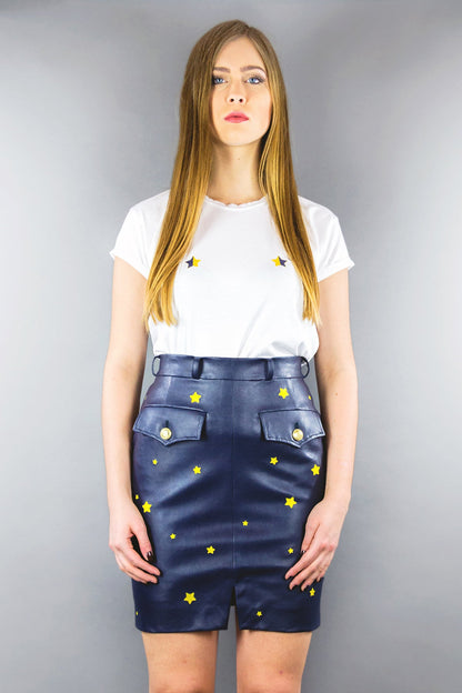 Mini - Rock aus veganem Lederimitat mit Schlitz "STARS" - nachtblau - Manuel Essl Design