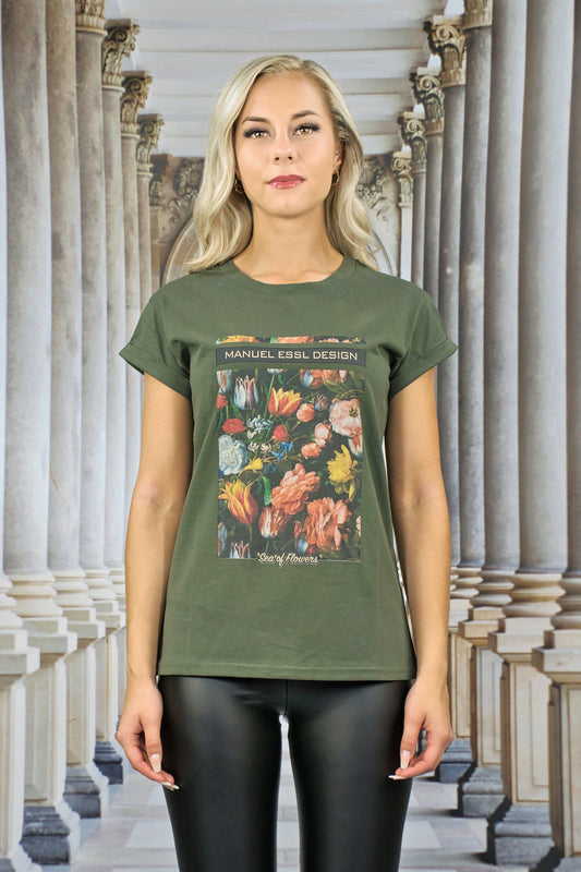 T-Shirt "SEA OF FLOWERS" - oliv - Manuel Essl Design